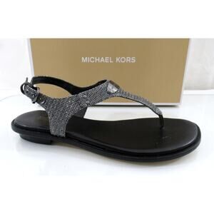 Michael Kors MK Plate Thong Flat T-Strap Sandals Glitter Anthracite Grey Size 7